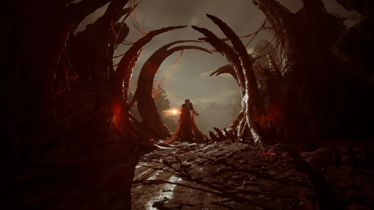 A dark organic portal with a lone figure at the end of the Valor Mortis campaign