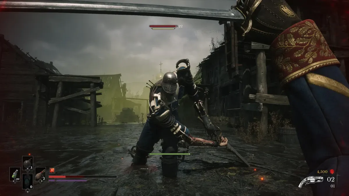 A first-person duel against an armored Eternal Guardsman fencer in Valor Mortis