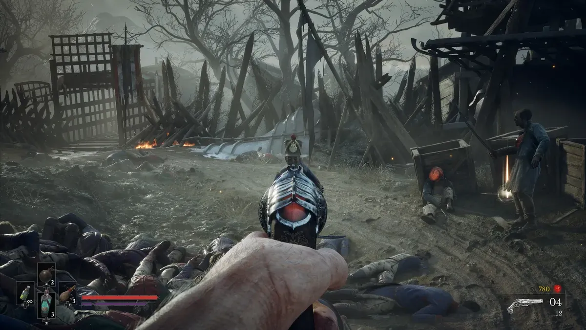 First-person view aiming a flintlock pistol at a helmeted risen soldier in Valor Mortis