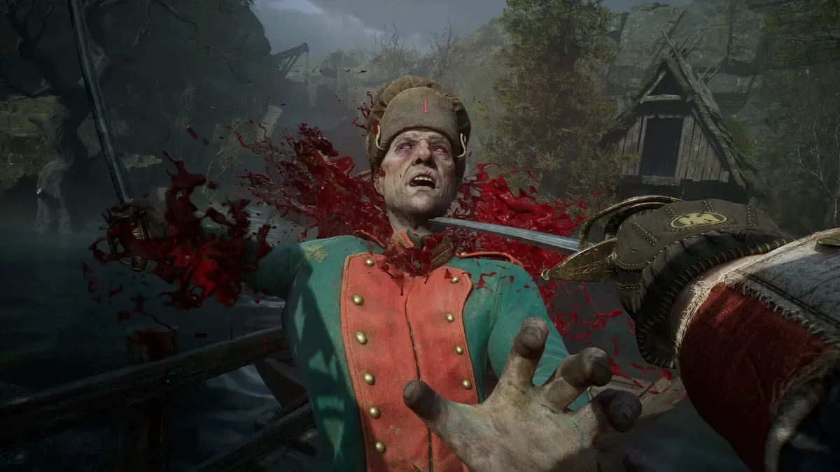 A visceral critical finisher on a risen soldier in first-person Valor Mortis combat