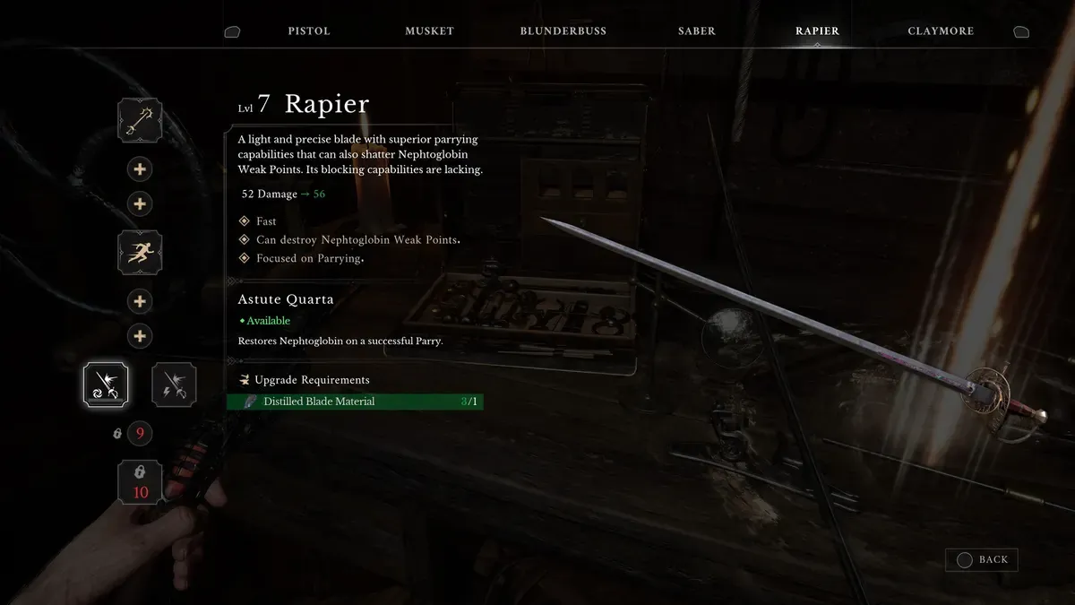 The Valor Mortis weapon menu showing a Tier 7 Rapier with upgrade stats